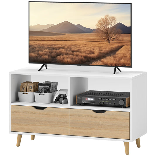 HOMCOM TV-Schrank, TV-Kommode mit Schubladen, Offene Regale, Holz, 99 x 39 x 58 cm, Weiß