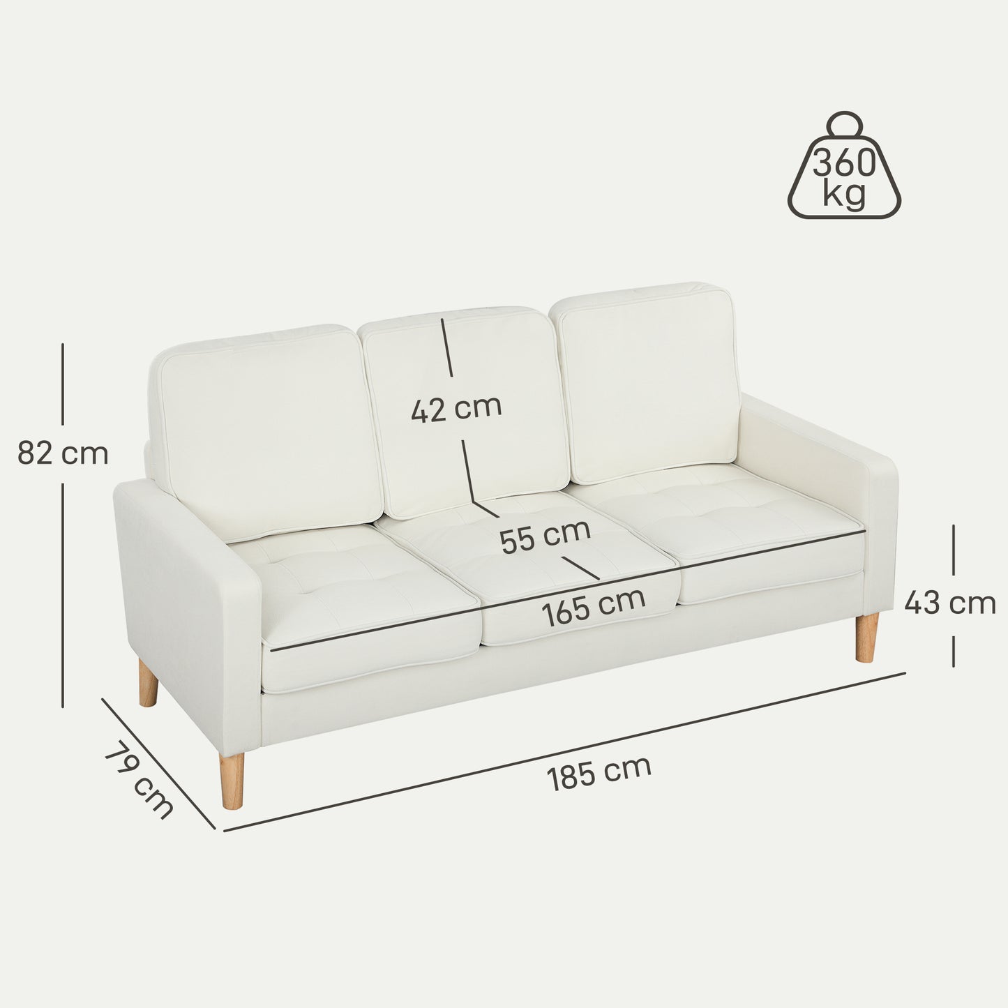 HOMCOM 3-Sitzer-Sofa mit dicken Kissen, Kautschukholz, Stoffbezug, Polstersofa für Wohnzimmer, Büro, Schlafzimmer, Cremeweiß