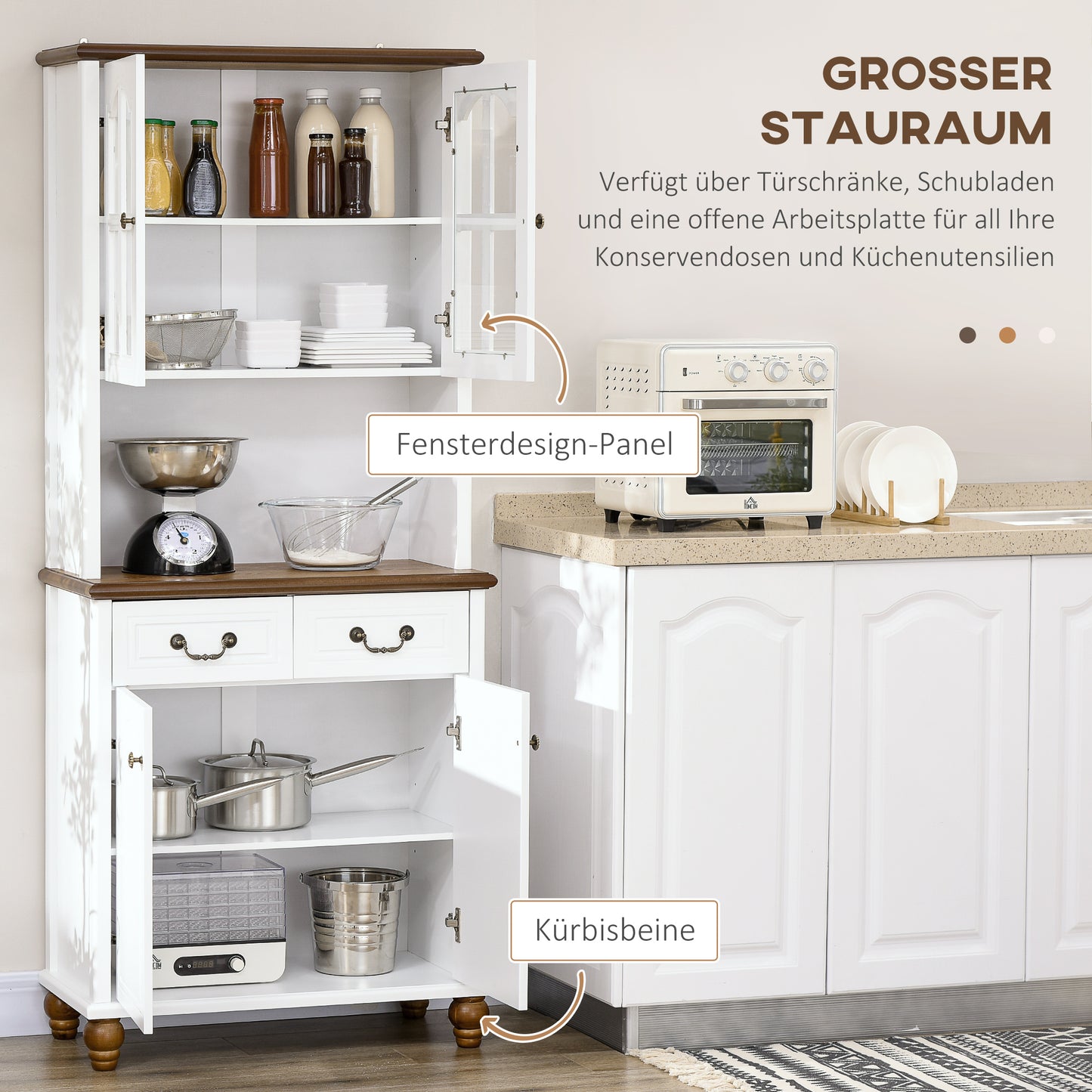 HOMCOM Küchenschrank, Buffet, 2 Schubladen, 2 Schrankfächer, klassisches Design, Weiß+Dunkelbraun, 76 x 38 x 182 cm