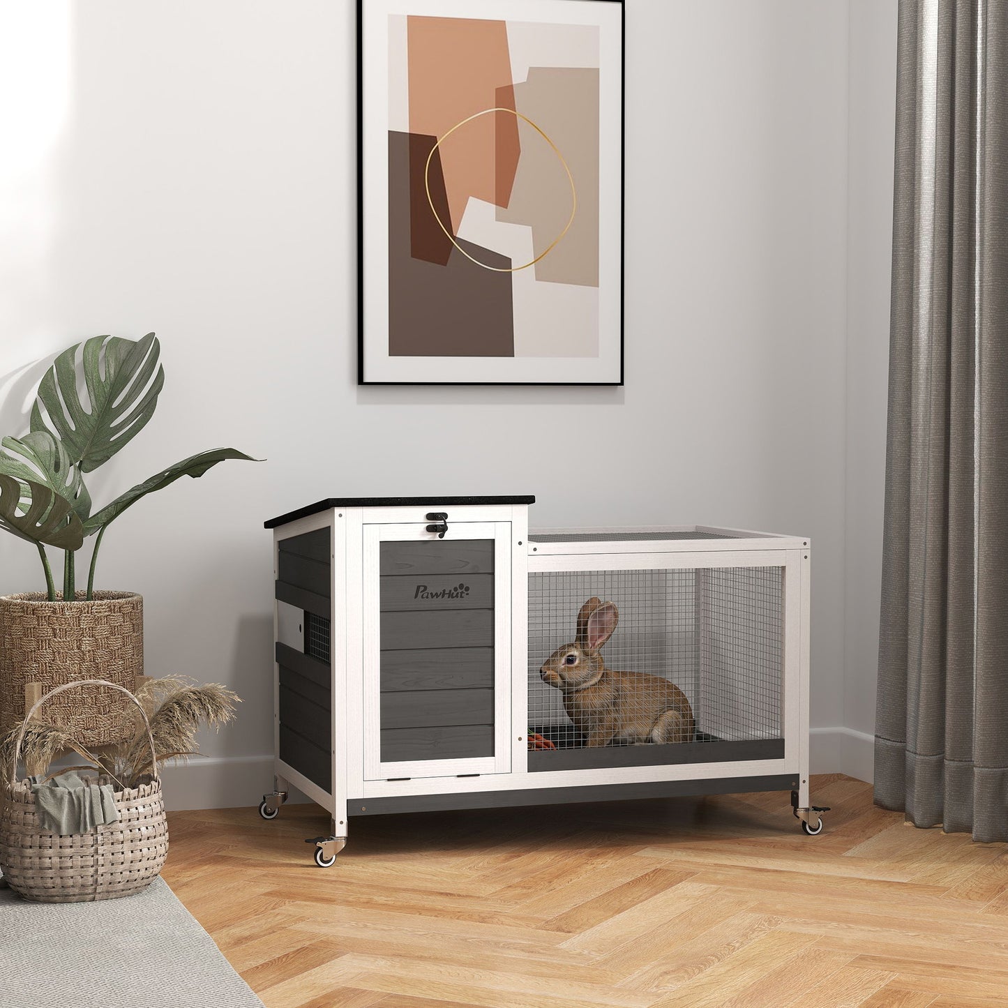 PawHut Kaninchenstall från Holz Hasenstall mit Freilaufgehege Rädern Klappdach für Innen, draußen 92 x 52 x 67 cm Dunkelgrau