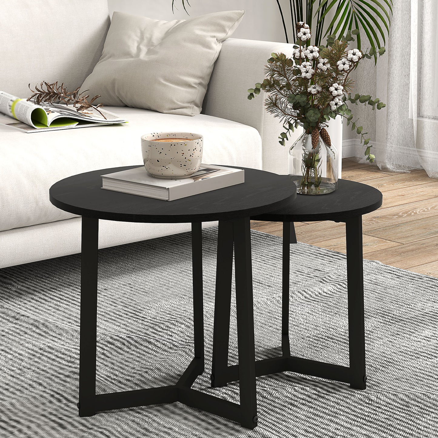HOMCOM Moderner Couchtisch als 2er-Set, Metallrahmen, MDF, Rundes Design, ineinander verschiebbar, Schwarz
