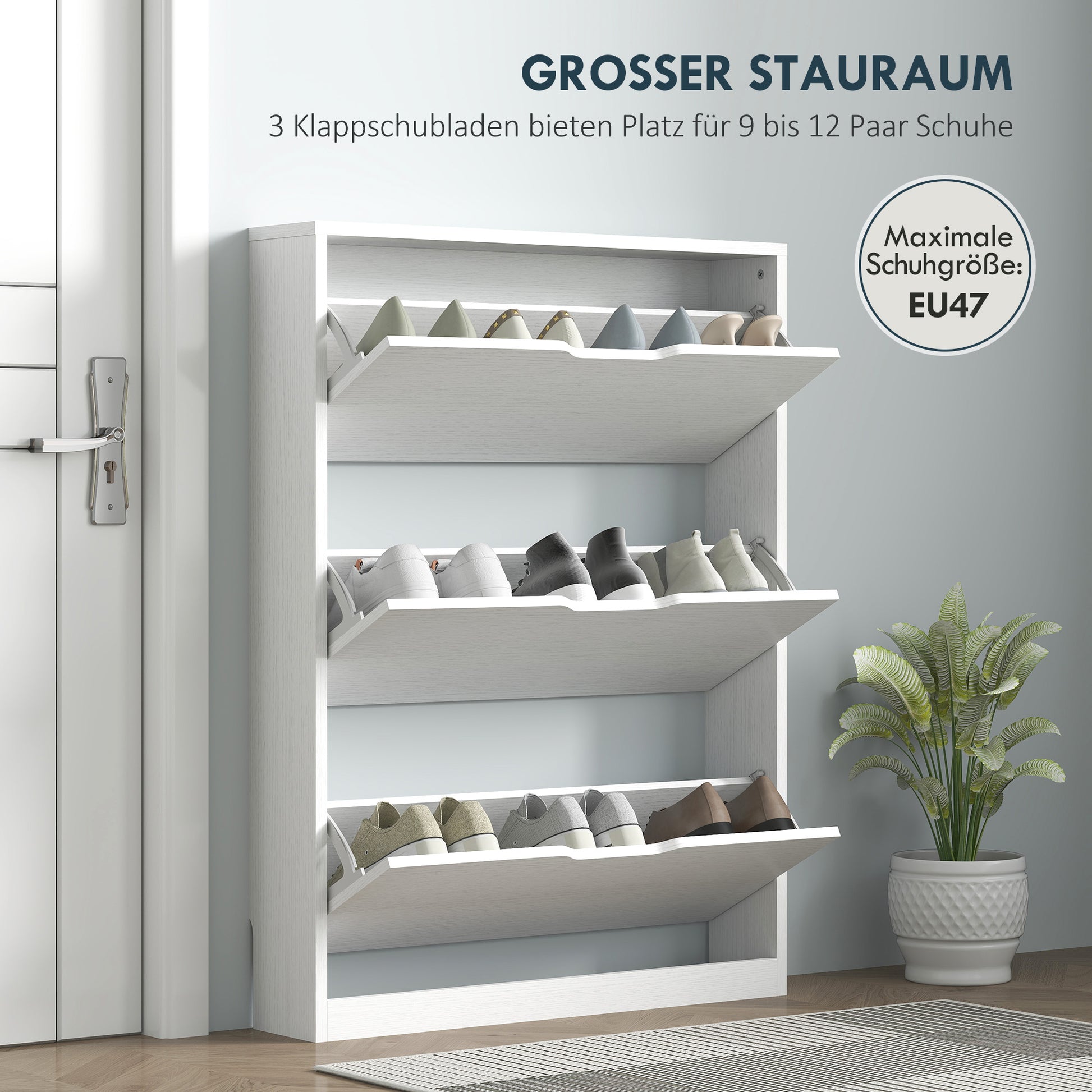 HOMCOM Schuhschrank mit 3 Klappschubladen, für bis zu 12 Paar Schuhe, Spanplatte, 80 x 17 x 108 cm, Weiß