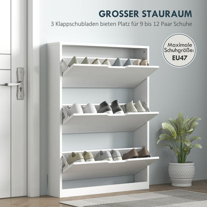 HOMCOM Schuhschrank mit 3 Klappschubladen, für bis zu 12 Paar Schuhe, Spanplatte, 80 x 17 x 108 cm, Weiß