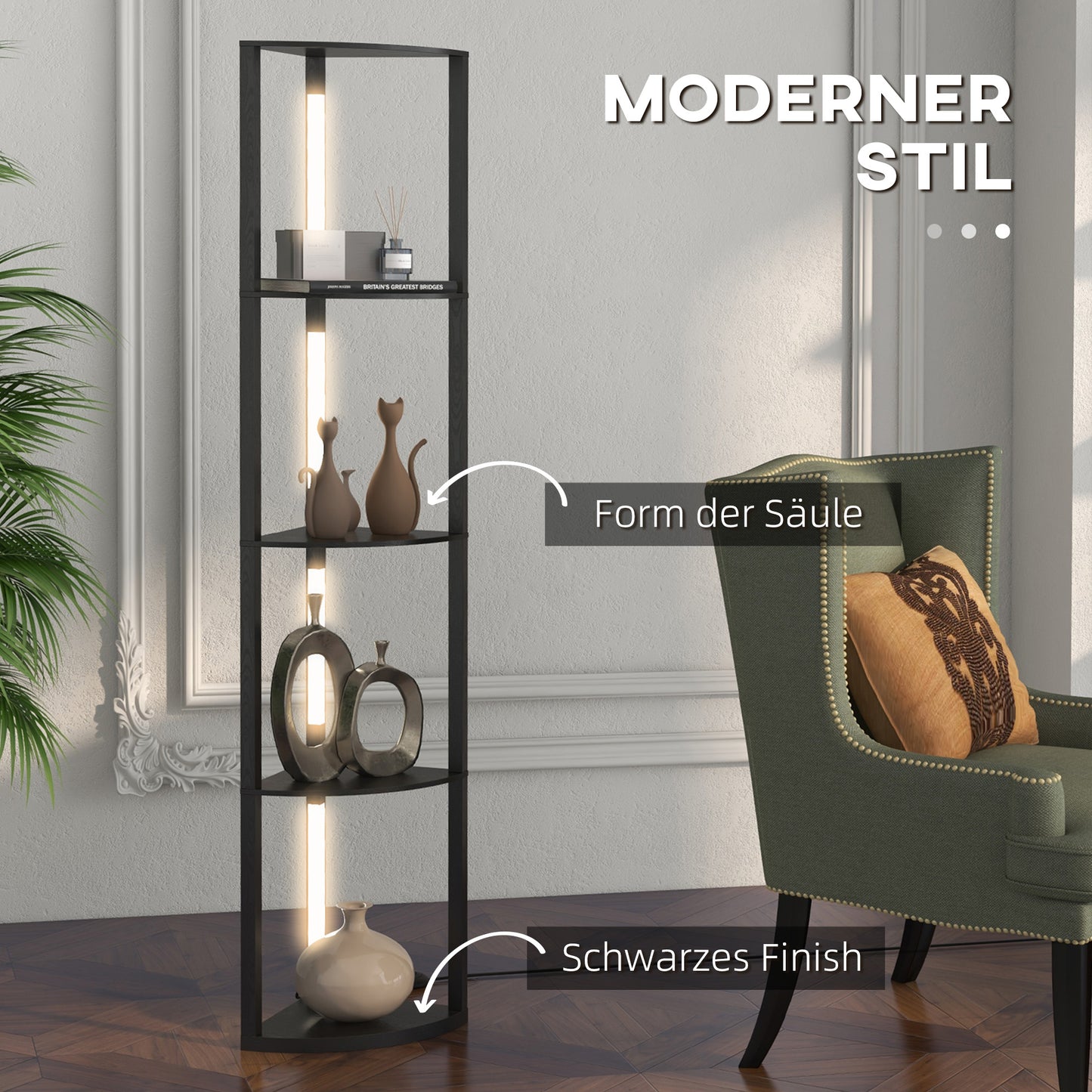 HOMCOM LED Standleuchte, Eckregal, dimmbar, 4 Ablagen, warmweißes Licht, 41x30x164cm, Schwarz