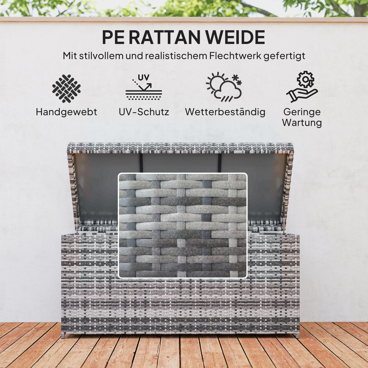 Outsunny Rattan Auflagenbox 380L vattenfest Kissenbox mit Deckel Staurum UV-beständig 130 x 61 x 65 cm Dunkelgrau