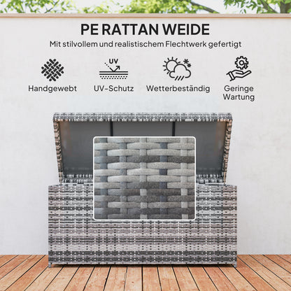 Outsunny Rattan Auflagenbox 380L vattenfest Kissenbox mit Deckel Staurum UV-beständig 130 x 61 x 65 cm Dunkelgrau
