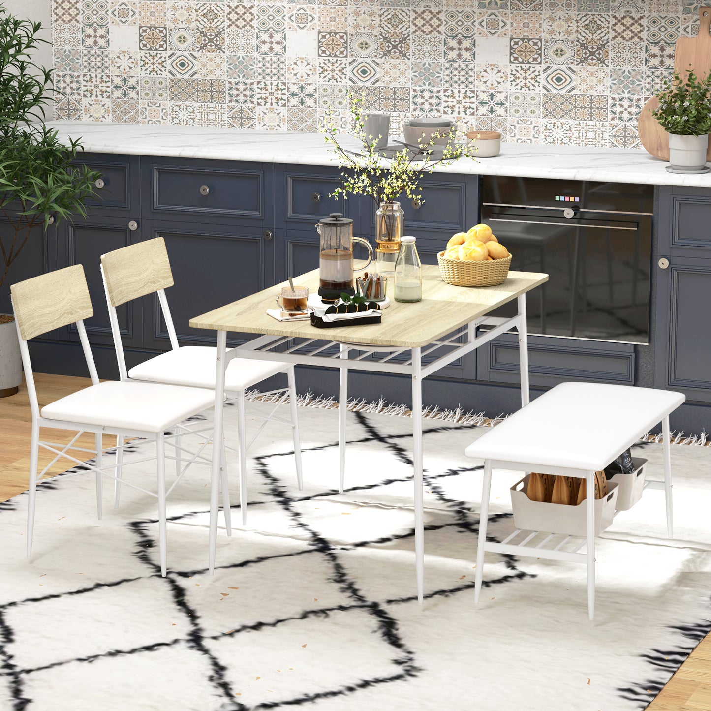 HOMCOM 4-teiliges Esstisch-Set mit Stühlen und Bank für 4 Personen, gepolsterte Sitze, Stahlrahmen, Holz, Eiche