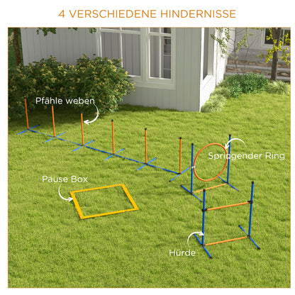 PawHut Hunde-Agiliy-Set Hundeparcours, 1 Reifen, 1 Hürde, 1 Slalom-Set, 352 cm x 66 cm x 69 cm, Blau + Rot