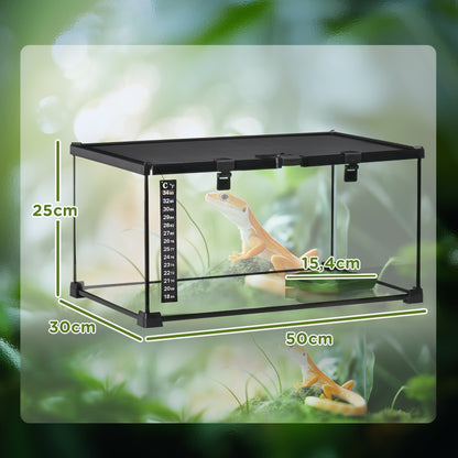 PawHut Reptilienbox Terrarium, inkl. Streifentermometer, Fütterungsklappen, 50 cm x 30 cm x 25 cm, Glas + Metall, Schwarz