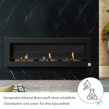 HOMCOM Ethanol-Kamin Bio-Ethanol-Brenner 3 Brennboxen 1L 3 Std. Brenndauer 2000W kein Rauch wandmontiert Stahl gehärtetes Glas Schwarz 120 x 15 x 40 cm