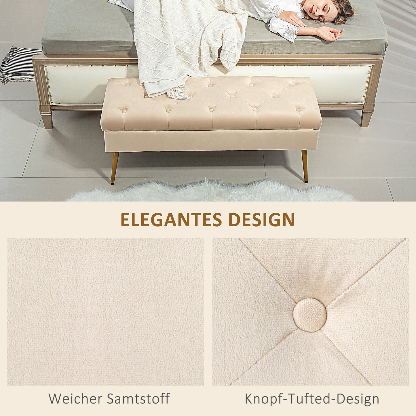 HOMCOM Stauraum-Sitzbank in Samtoptik, gepolsterter Fußhocker mit getuftetem Design, Metallrahmen, 102 x 35 x 43 cm, Beige