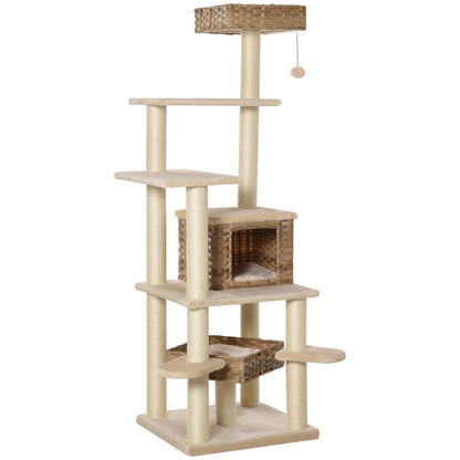 PawHut Rattan Kratzbaum mit Katzenhöhle Mehrstufiger Katzenbaum Kletterbaum für Katzen E1 MDF Sisal Beige+Braun 55 x 55 x 174 cm