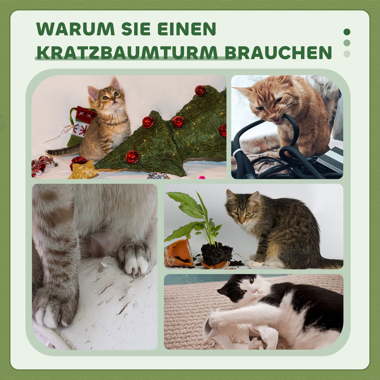 PawHut Katzenbaum 91cm Spielbaum mit Katzenbett, Plattform Lammwolle Grün