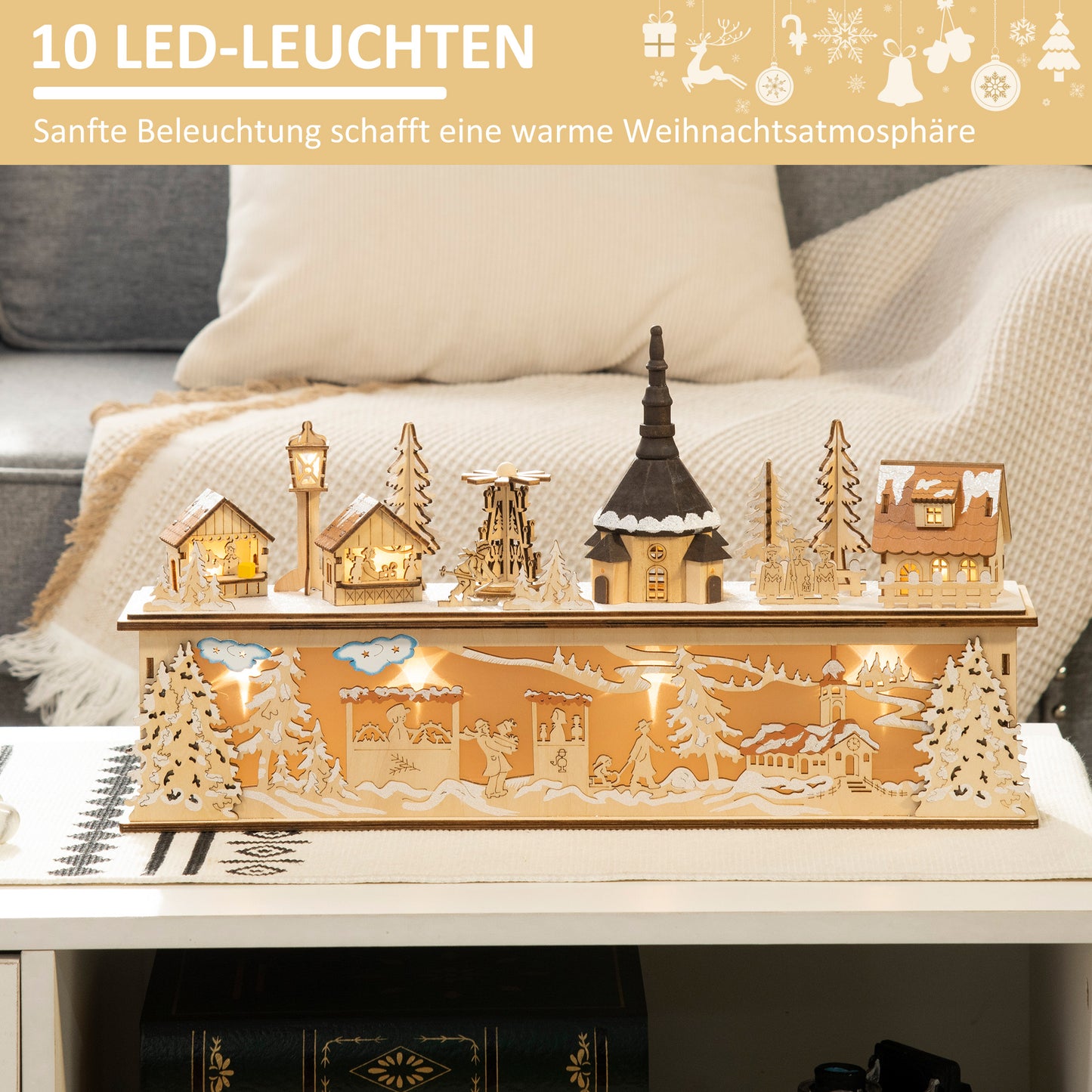 HOMCOM Weihnachtsdekoration, Weihnachtsdorf, 10 LEDs, warmweißes Licht, 45 x 10 x 25 cm, Holzdekor