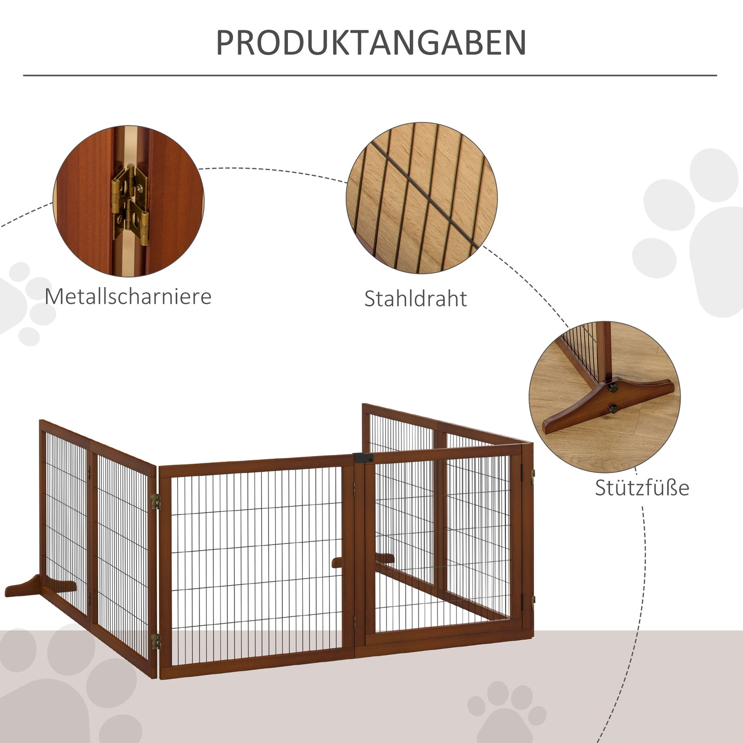 PawHut Absperrgitter für Hunde, klappbar, Kiefernholz, 432 x 36 x 70 cm, Kaffee