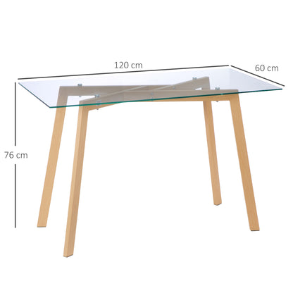 HOMCOM Esstisch für 4 Personen, Glasplatte, Stahlgestell, Holzoptik, 120L x 60B x 76H cm