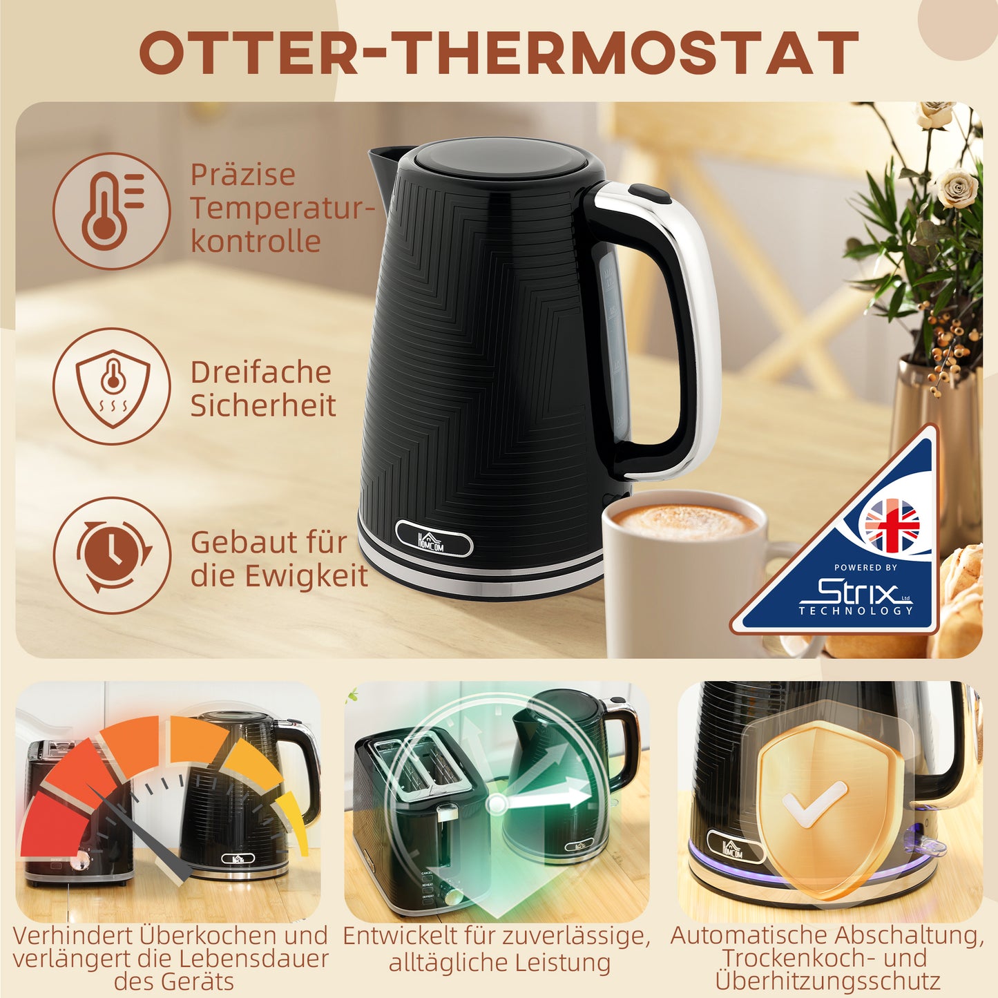 HOMCOM Wasserkocher- und Toaster-Set, 2200W, Otter-Thermostat, 2-Schlitz-Toaster, 7 Bräunungsstufen, Krümelfach, Schwarz