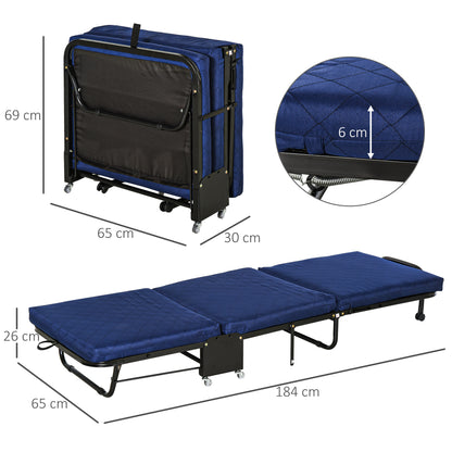 HOMCOM Klappbett 65x184 cm, Erwachsene Gästebett Klappbar mit 6 cm Dicker Schaumstoff, Reisebett mit Metallrahmen, Feldbett mit Rollen und höhenverstellbarem Kopfteil, bis 120 kg belastbar, Blau