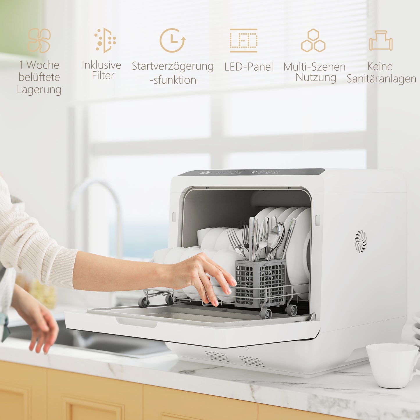 HOMCOM Tischgeschirrspüler, Mini-Geschirrspüler mit 6-Liter-Tank, 5 Programme, LED-Anzeige, Trocknungsfunktion, Weiß