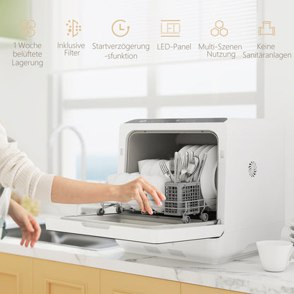 HOMCOM Tischgeschirrspüler, Mini-Geschirrspüler mit 6-Liter-Tank, 5 Programme, LED-Anzeige, Trocknungsfunktion, Weiß