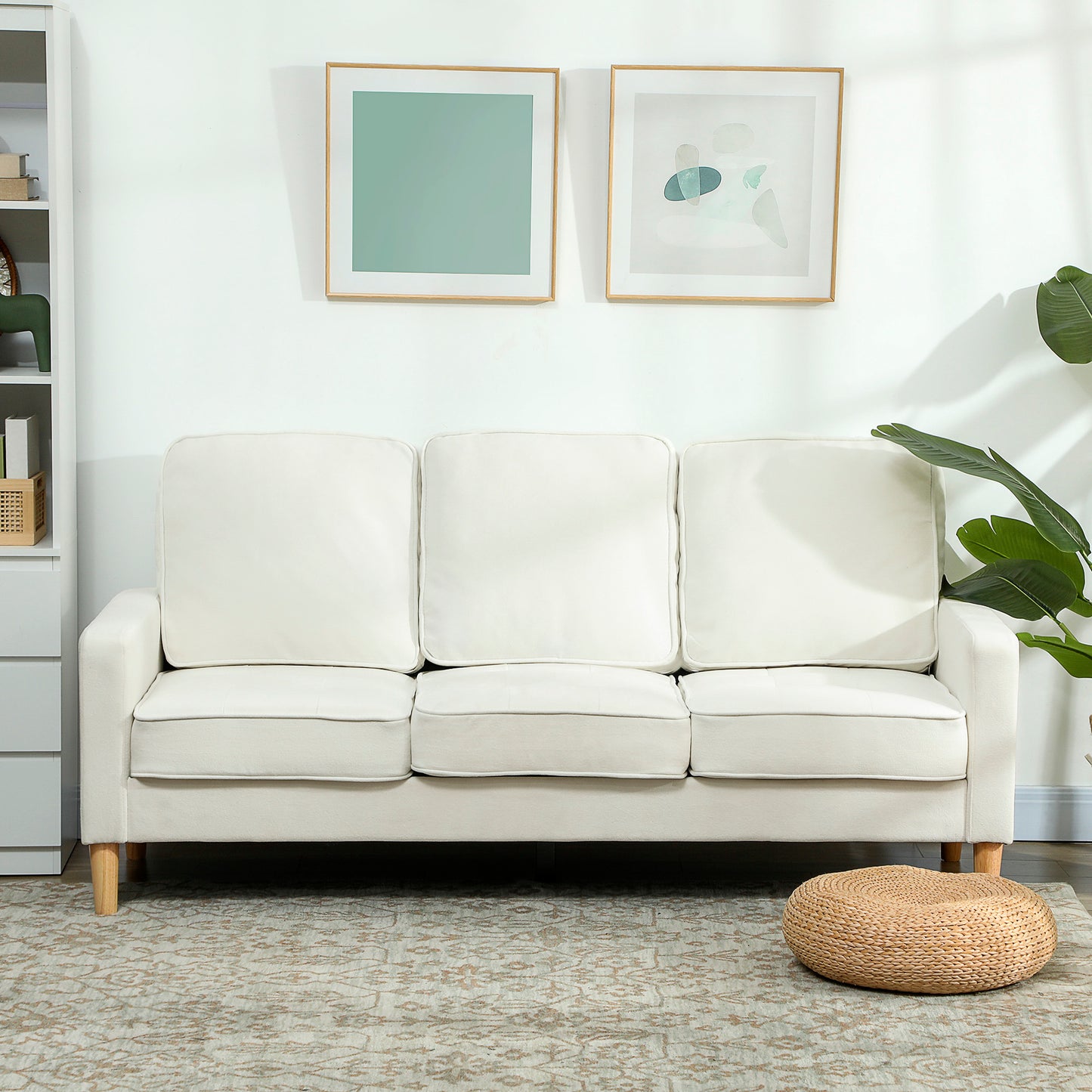 HOMCOM 3-Sitzer-Sofa mit dicken Kissen, Kautschukholz, Stoffbezug, Polstersofa für Wohnzimmer, Büro, Schlafzimmer, Cremeweiß