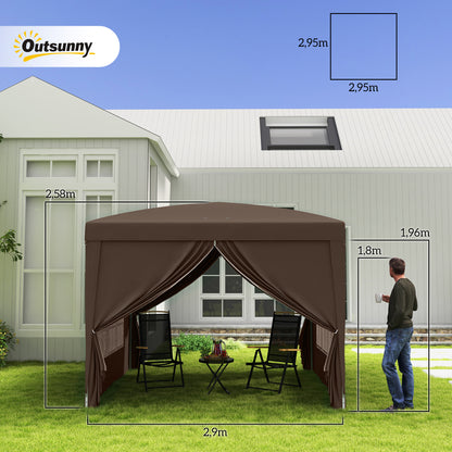 Outsunny 3 x 3 m Pavillon mit 4 Seitenwänden, Fenster, Festzelt mit UV-Schutz, Gartenzelt inkl. Tragetasche, Stahl, Kaffee