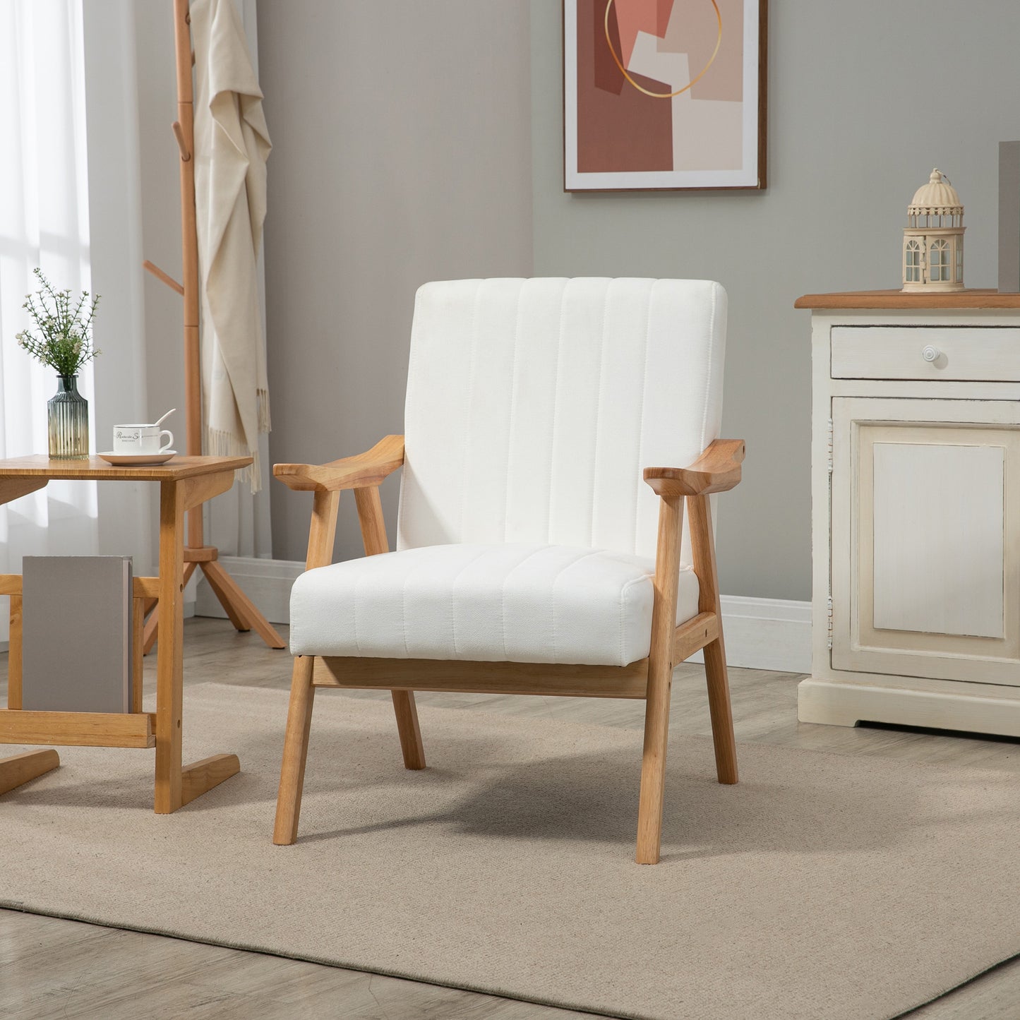 HOMCOM Polstersessel im Skandi-Design, Samtoptik, Massivholzrahmen, 68 x 74 x 82cm, Natur+Creme