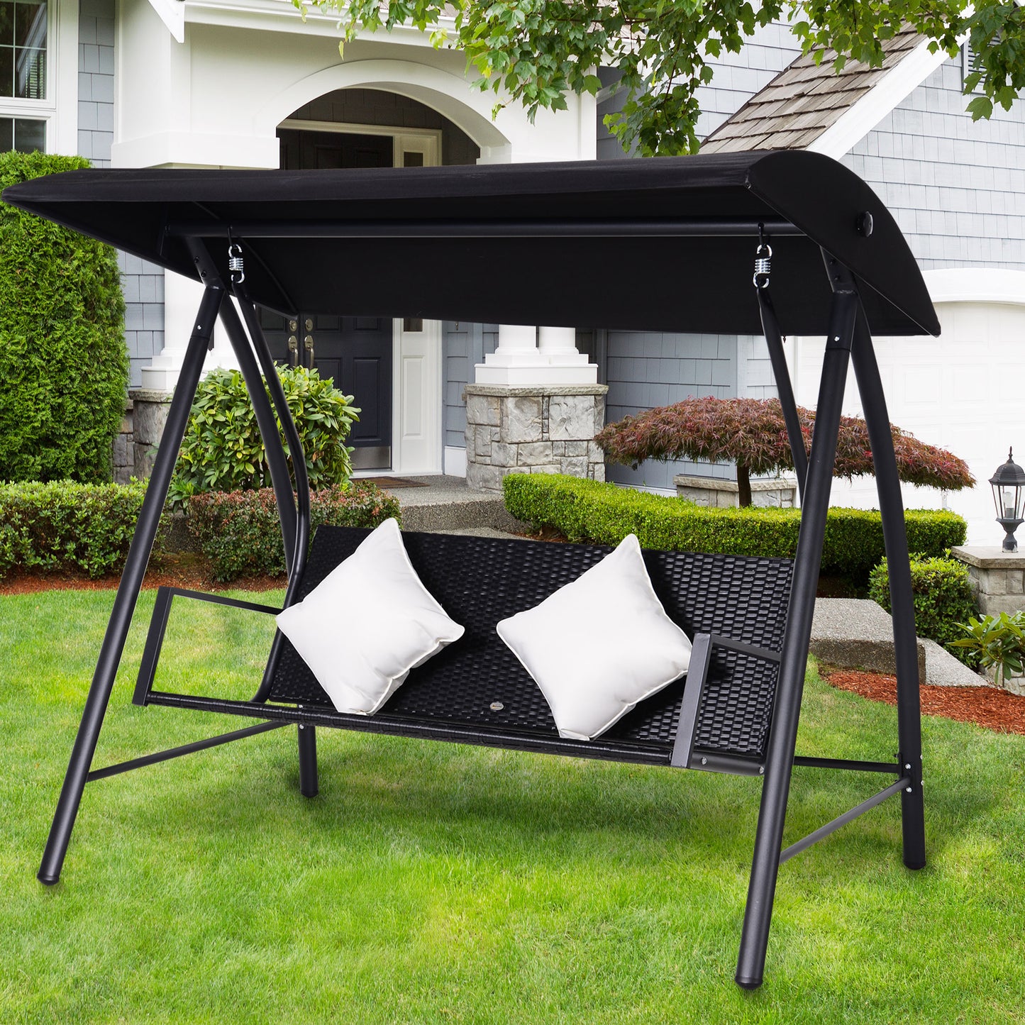 Outsunny 3-Sitzer Hollywoodschaukel Schaukel Polyrattan Metall mit Kissen belastbar bis 360kg Neu (Schwarz)
