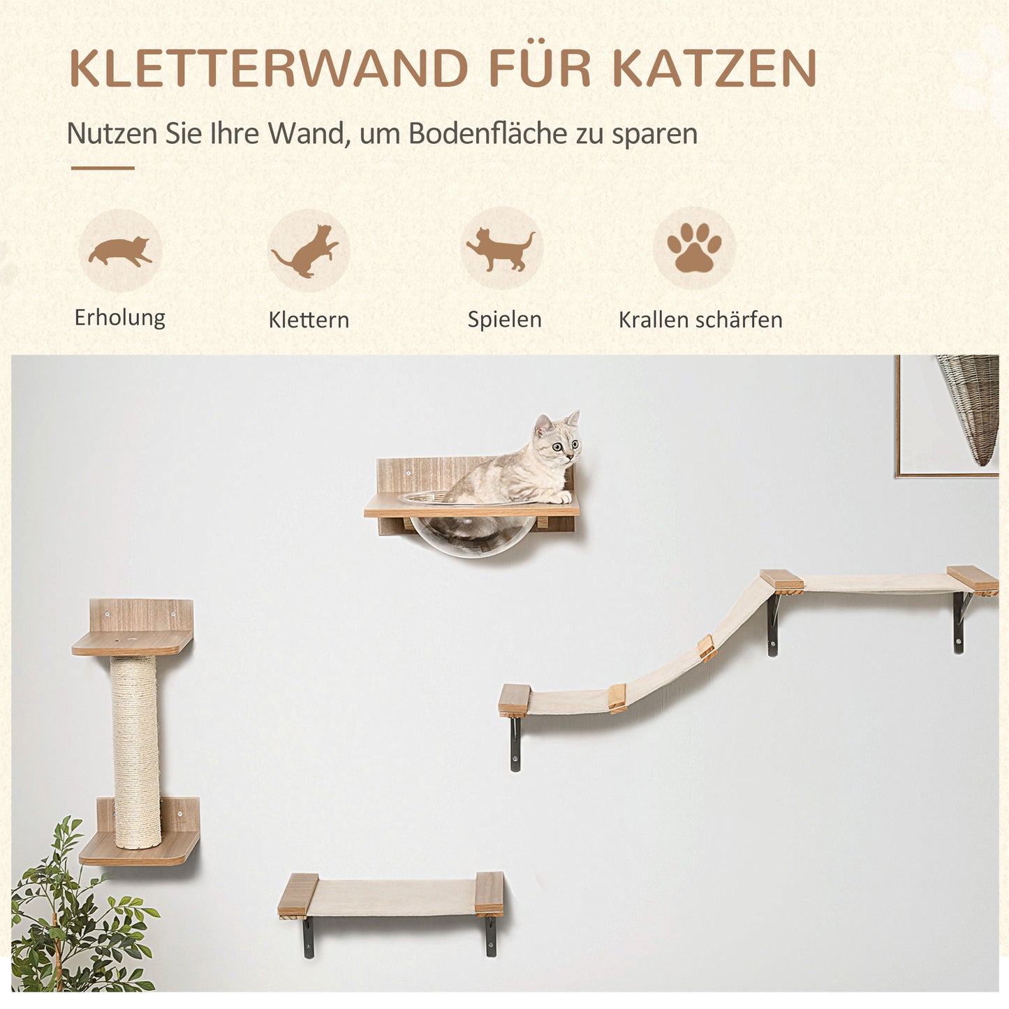 PawHut 4tlg. Kletterwand für Katzen Katzenkletterwand mit Kratzbaum Katzentreppe Katzenmöbel Hängematte Hellbraun Sisal Acryl Kiefer