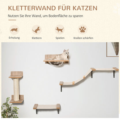 PawHut 4tlg. Kletterwand für Katzen Katzenkletterwand mit Kratzbaum Katzentreppe Katzenmöbel Hängematte Hellbraun Sisal Acryl Kiefer