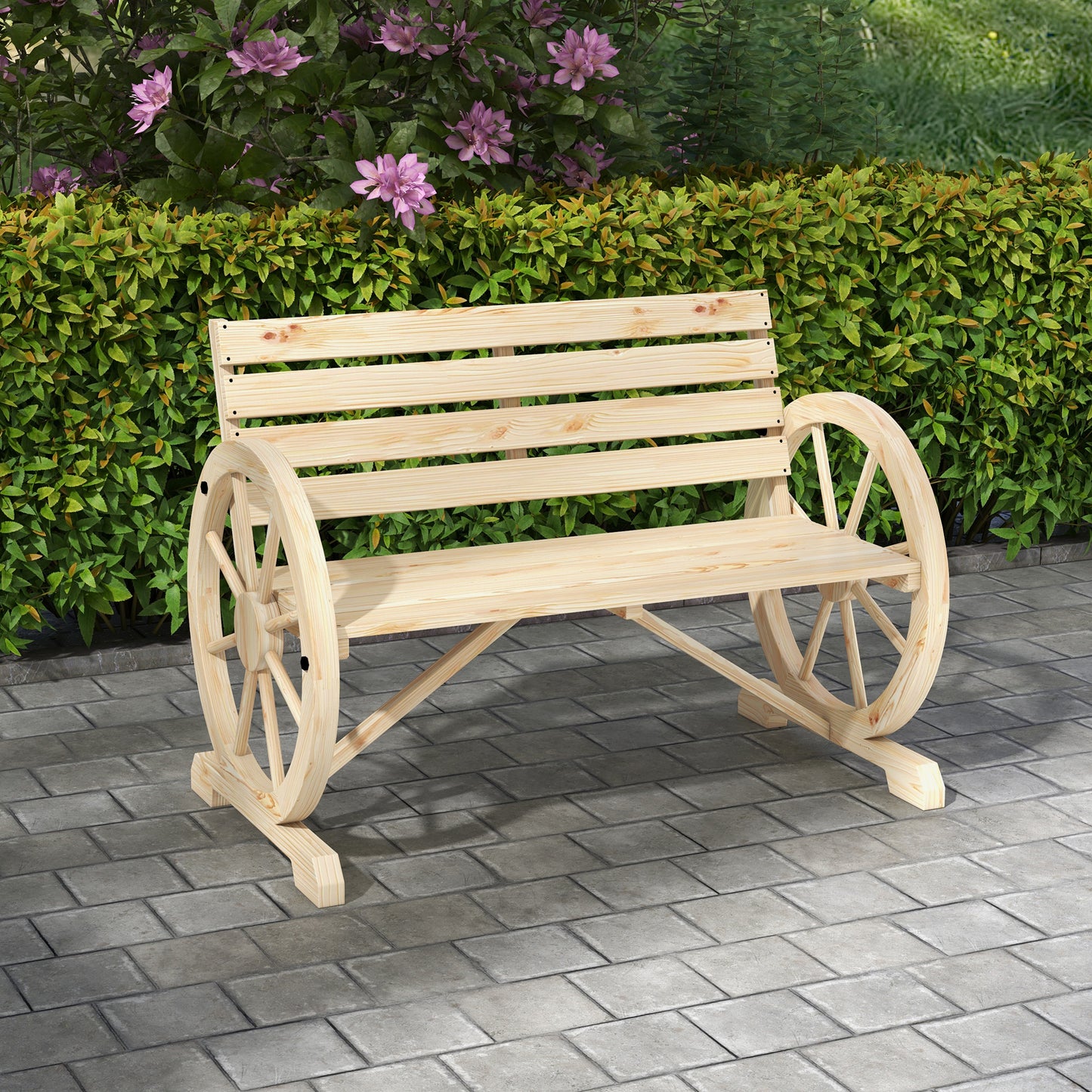 Outsunny Gartenbank, Wagenrad-Design, für 2 Personen, Naturholz, dunkelbraun, 105,5 x 56 x 79 cm, Natur
