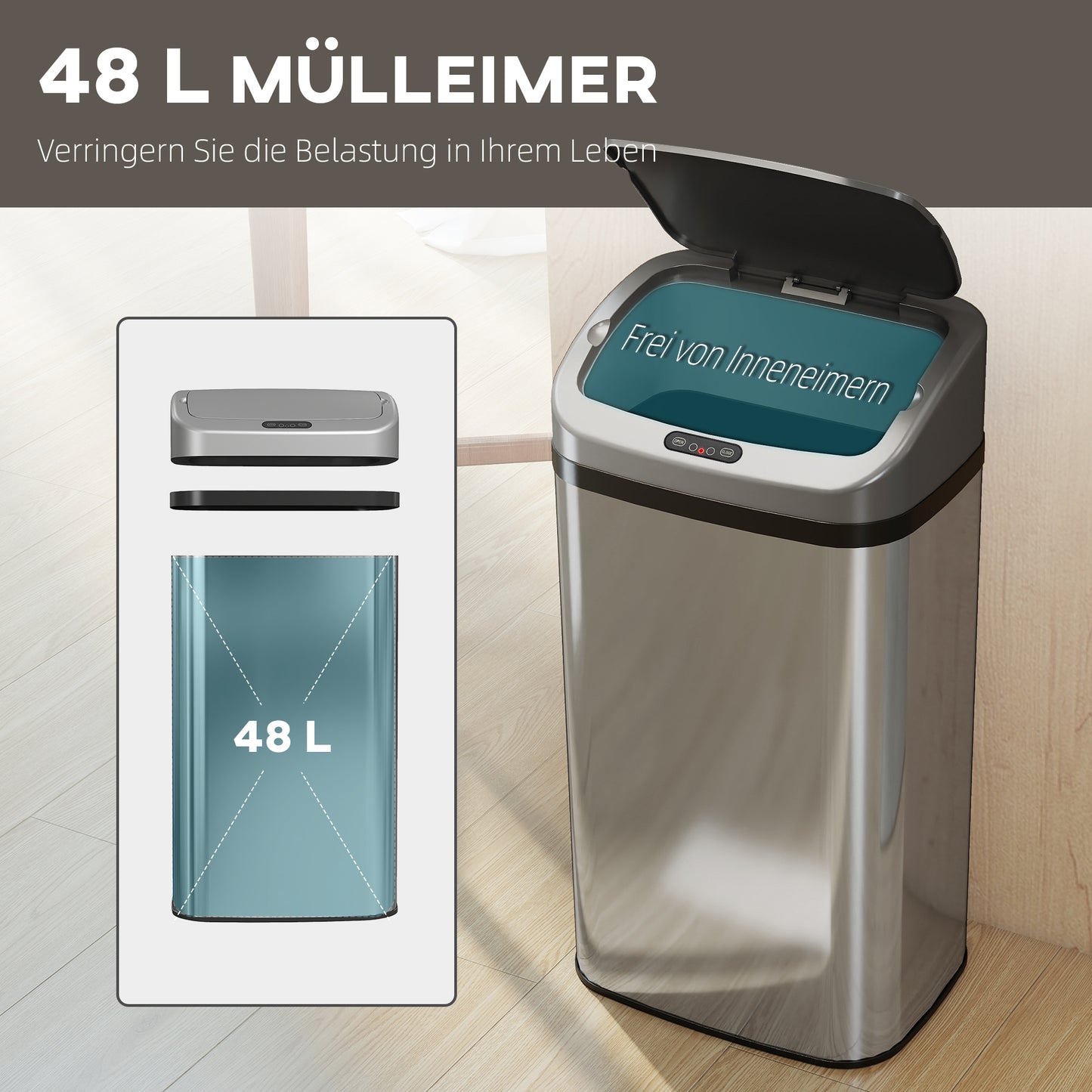 HOMCOM 48 L Sensor-Mülleimer für Küche oder Büro, automatische Schließ-Funktion, Edelstahl, Silberton