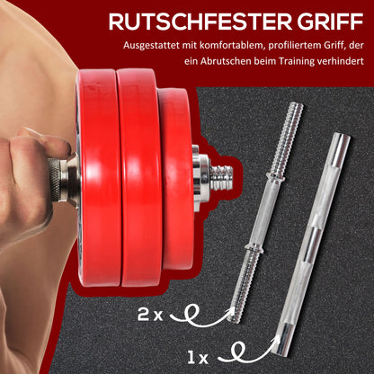 HOMCOM Hantelset 20/30KGS 2-IN-1 Hanteln&Langhanteln verstellbar Gewichtheben für Zuhause Fitness Muskel Stahl PP-Kunsstoff Eisen Sand Rot+Schwarz 21,5 x 21,5 x 3,8 cm