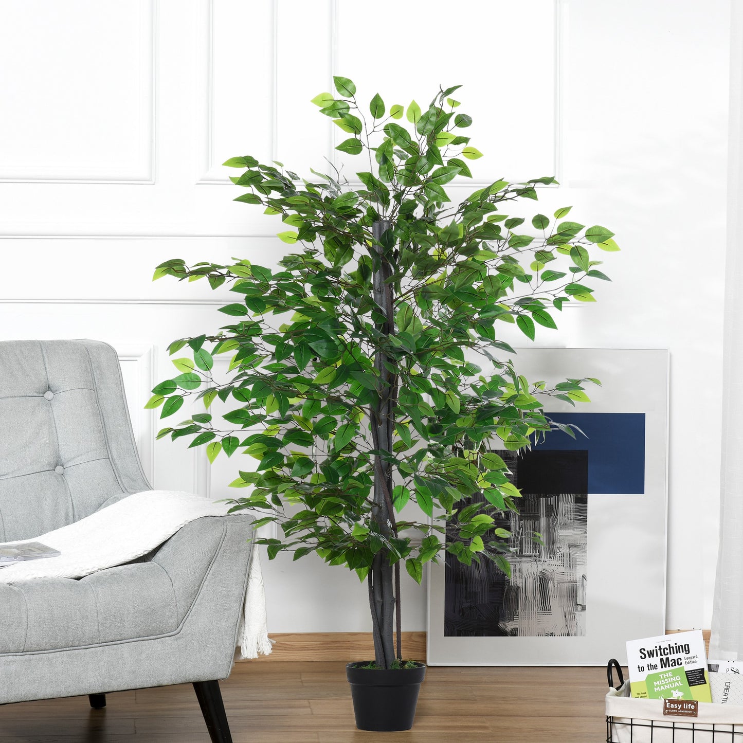 Outsunny Künstlicher Ficus-baum groß 145 cm, Kunstbaum, Kunstpflanze, Plastik Künstliche Pflanzen im Topf, Fake Plant wie echt für Wohnzimmer Schlafzimmer Büro Garten Moderne Dekoration Geschenk