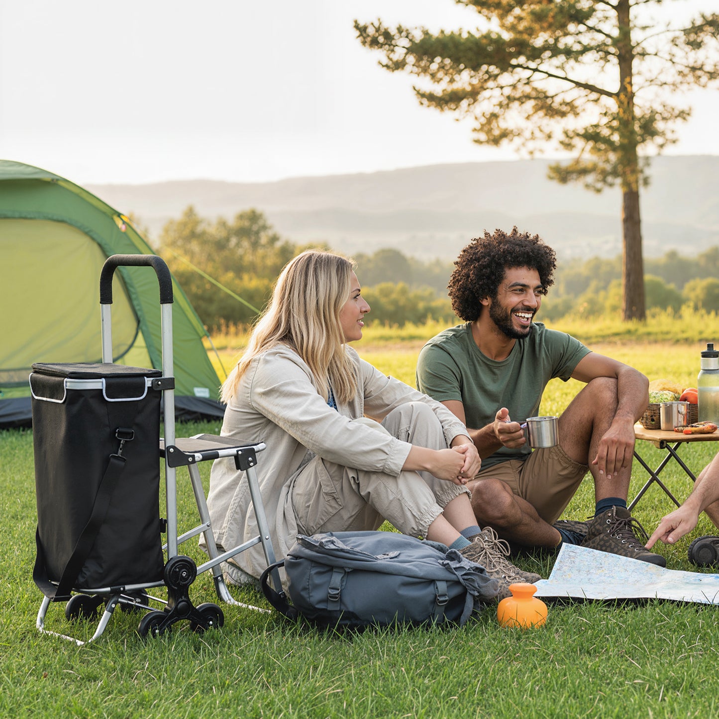 HOMCOM Einkaufstrolley, 40 L Oxford-Tasche, 3-Rad-Design, Aluminiumrahmen, Sitz, Grau