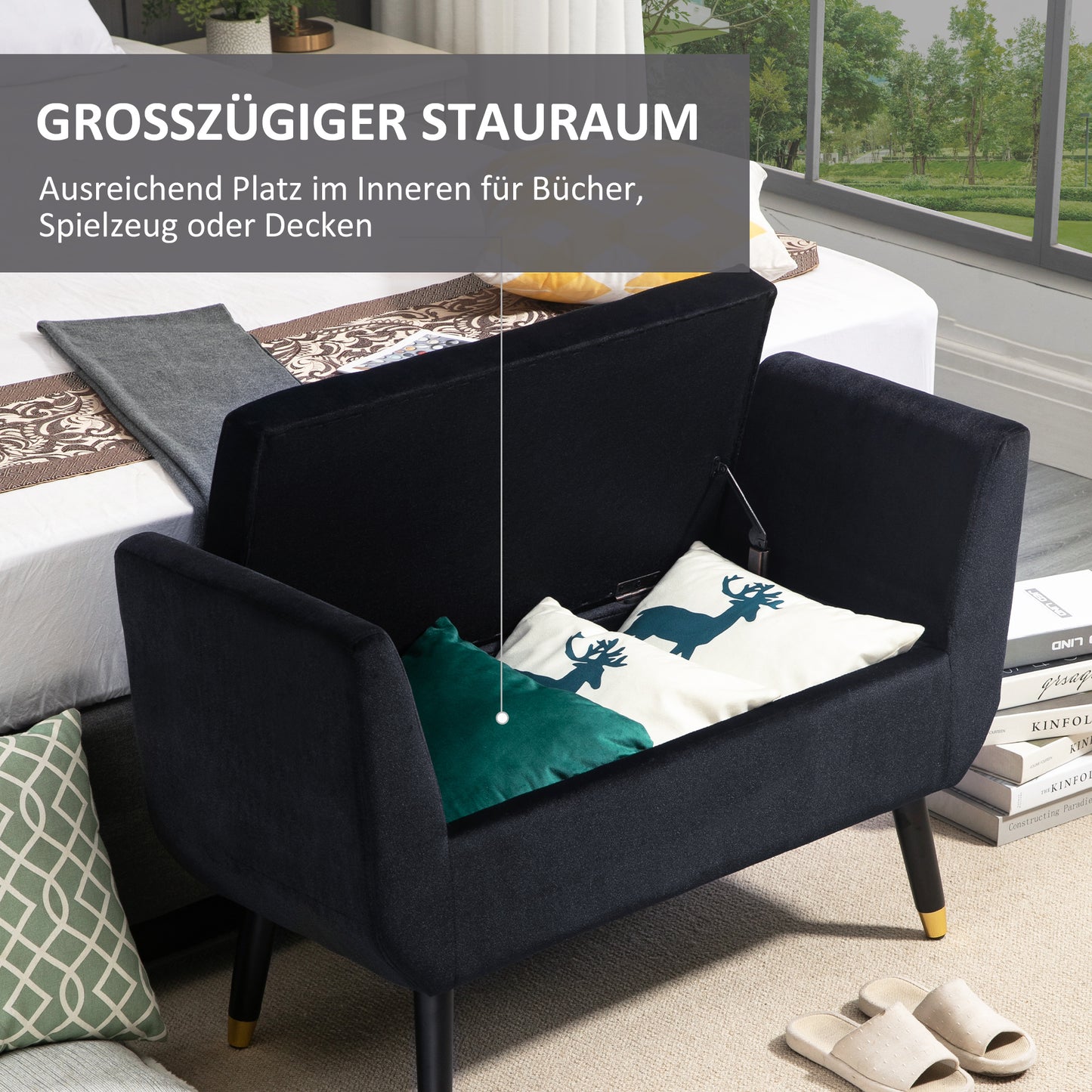 HOMCOM Sitzbank mit Stauraum Armlehnen Polsterbank mit Samtoptik, Sitztruhe mit Holzbeine, Truhenbank für Wohnzimmer Schlafzimmer Flur 107 x 42 x 65 cm, Schwarz