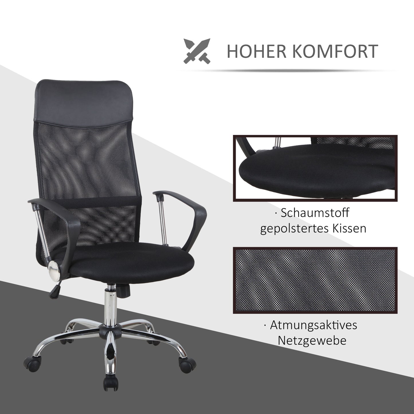 HOMCOM Ergonomischer Bürostuhl, Gaming Stuhl, Drehstuhl mit Wippenfunktion, höhenverstellbarer Schreibtischstuhl, Schaumstoff, Netz, Schwarz, 63 x 65 x 109-119 cm