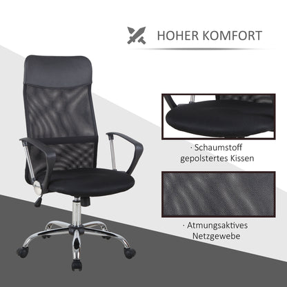 HOMCOM Ergonomischer Bürostuhl, Gaming Stuhl, Drehstuhl mit Wippenfunktion, höhenverstellbarer Schreibtischstuhl, Schaumstoff, Netz, Schwarz, 63 x 65 x 109-119 cm