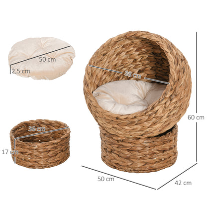 PawHut Rattan Katzenkorb Katzenhöhle Katzenhütte Katzenbett mit Kissen Haustierbett Wasserhyazinthe Braun 50 x 42 x 60 cm
