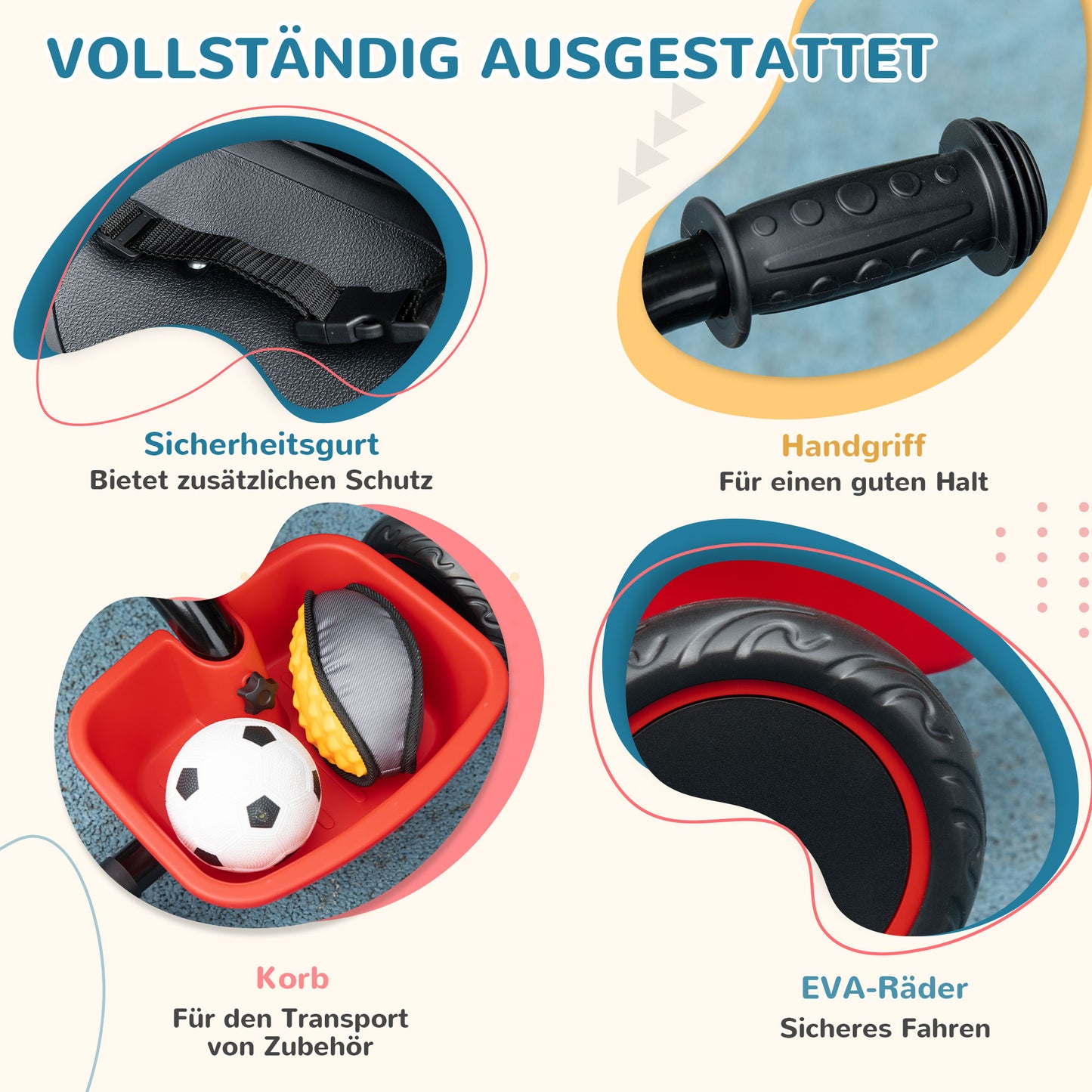 AIYAPLAY Kinderdreirad mit Beckengurt, 2 Körben, höhenverstellbarer Sitz, Metallrahmen, für Kinder 2-5 Jahre, schwarz+rot