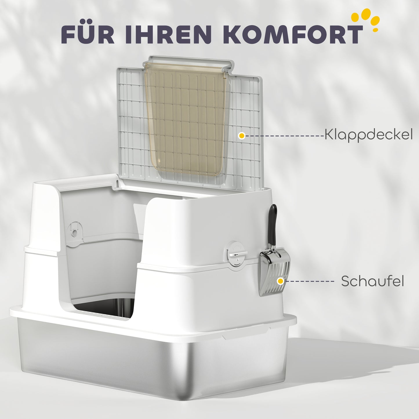 PawHut Katzentoilette, Edelstahl, XL-Innenraum, mit Schaufel, Hellgrau