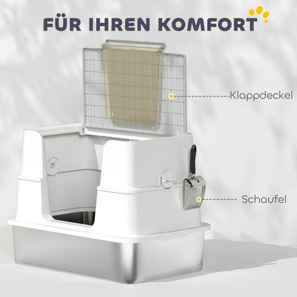 PawHut Katzentoilette, Edelstahl, XL-Innenraum, mit Schaufel, Hellgrau
