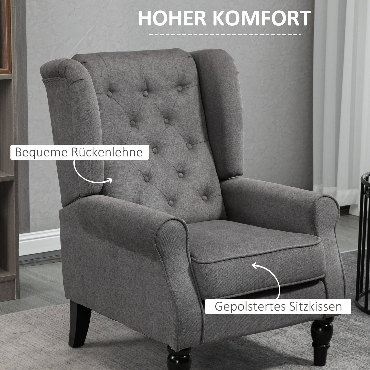HOMCOM Ohrensessel im Vintage-Design, Lesesessel, Akzentsessel, Holzbeine, Knopfheftung, Grau + Schwarz