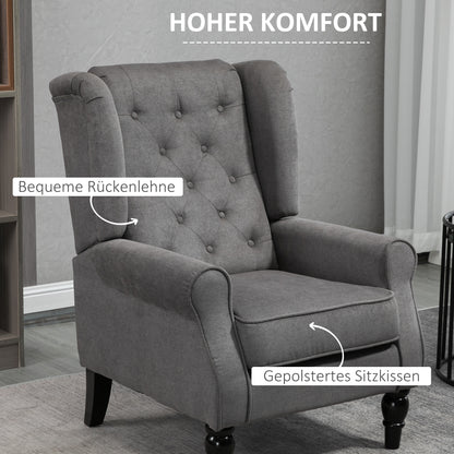 HOMCOM Ohrensessel im Vintage-Design, Lesesessel, Akzentsessel, Holzbeine, Knopfheftung, Grau + Schwarz