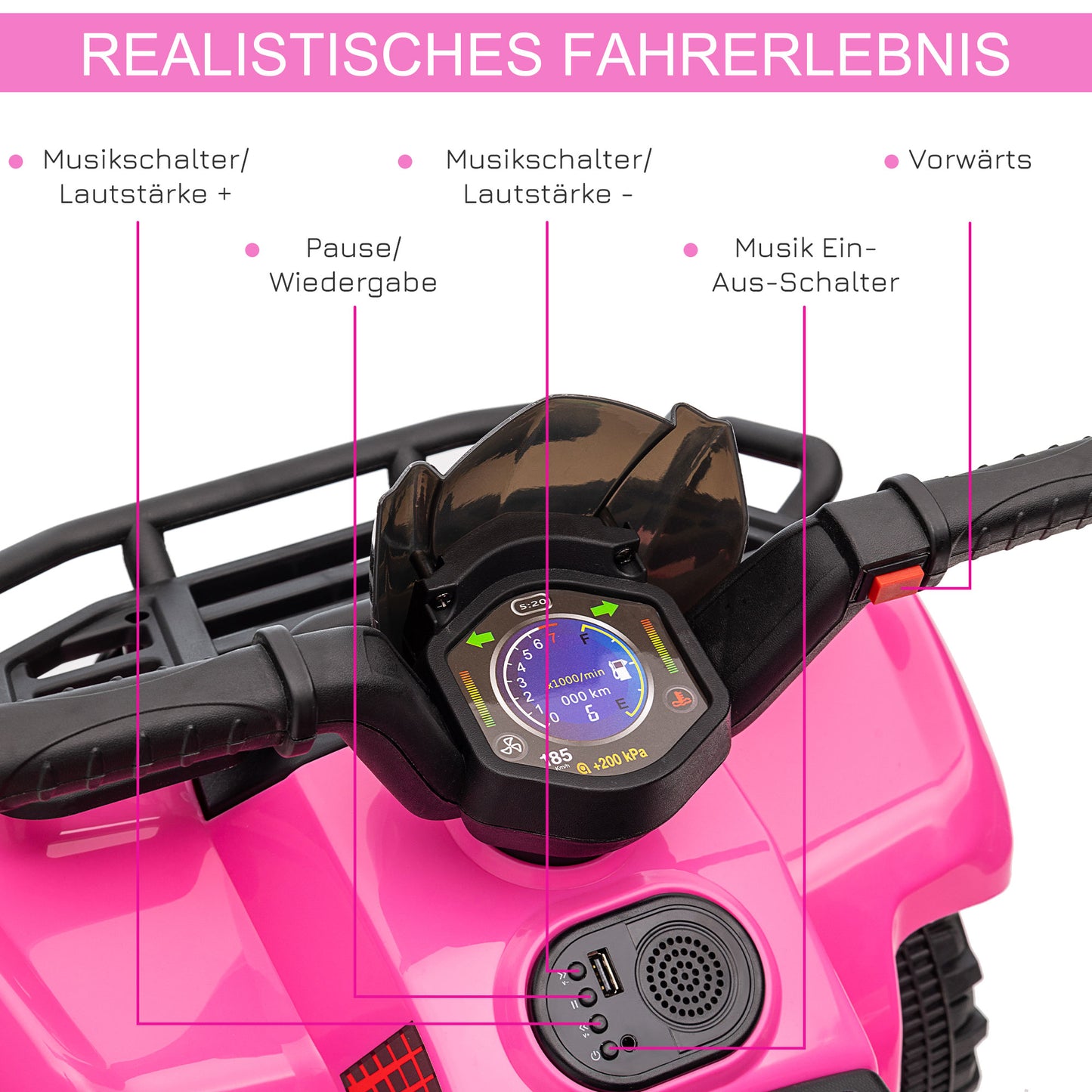 HOMCOM Kinder Quad Elektro 6V Kinderquad mit Vorwärtsfunktion, Musik, Elektro-Quad für Kinder 1,5-3 Jahre Rosa