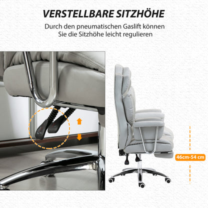 HOMCOM Ergonomischer Bürostuhl, gepolstert, mit Fußstütze, verstellbarer Lehne, 360° drehbar, Hellgrau