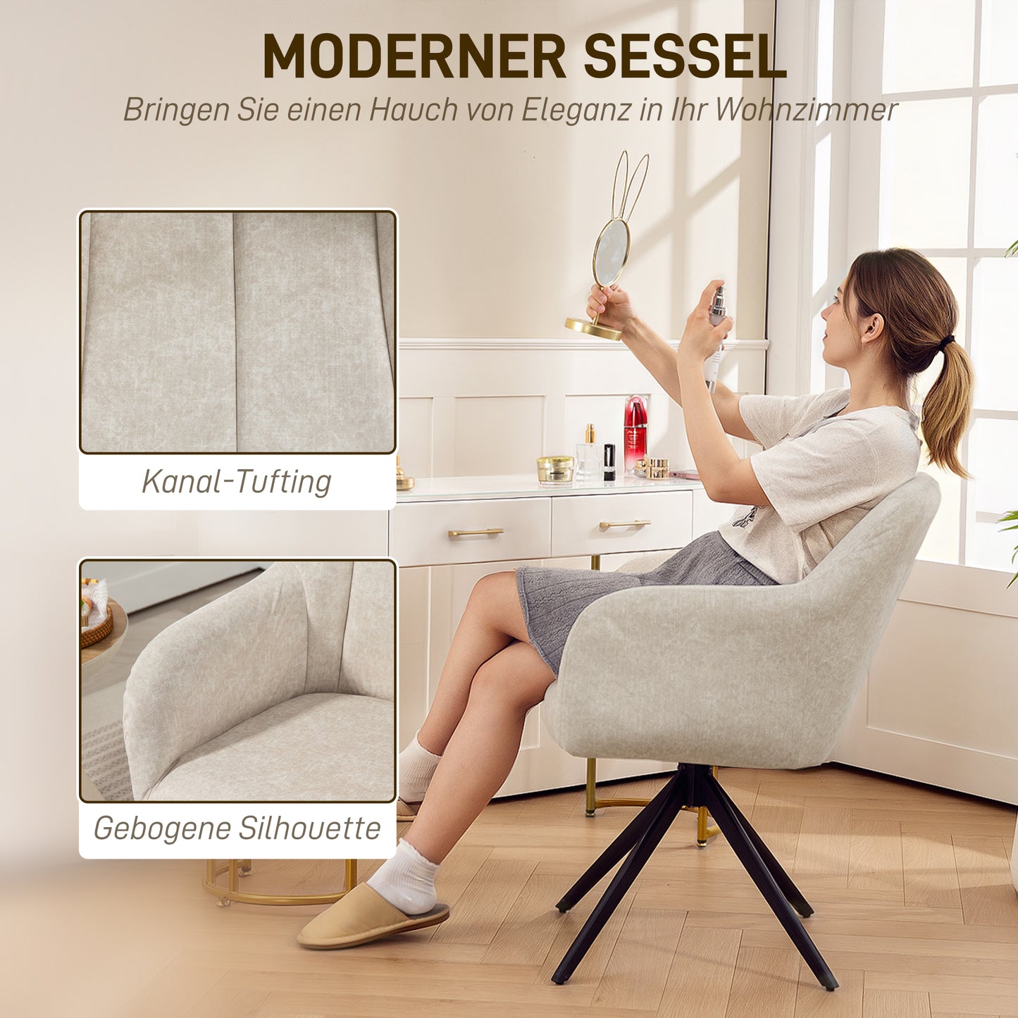 HOMCOM Drehbarer Akzentstuhl, Polsterstuhl mit Stoffbezug, Armlehnen, Stahlbeine, für Wohnzimmer, Schlafzimmer, Büro, Beige