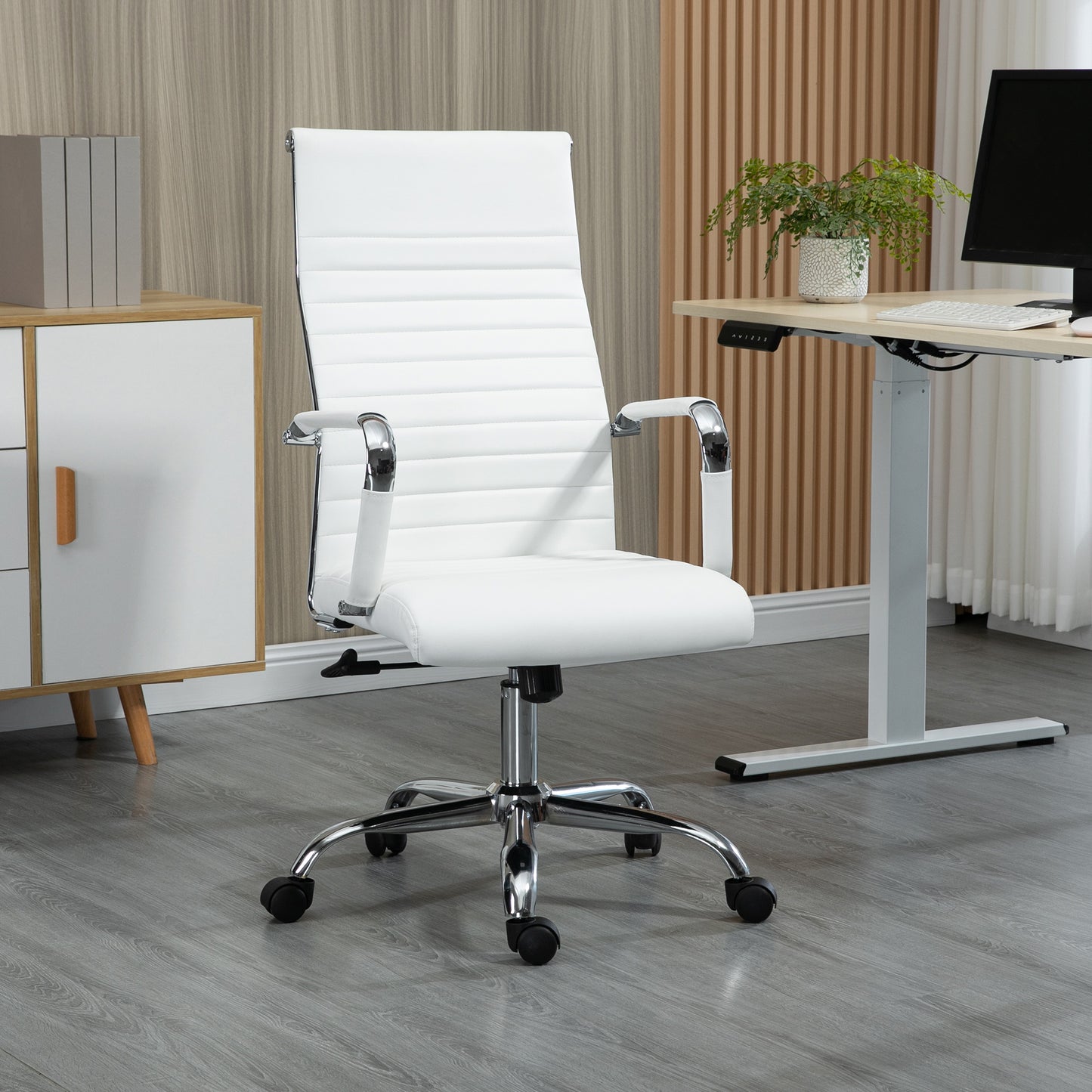 Vinsetto Bürostuhl ergonomisk Schreibtischstuhl med Wippfunktion Chefsessel höhenverstellbarer Drehstuhl gepolstert Konstledare Schaumstoff Weiß 54 x 62 x 104-114 cm