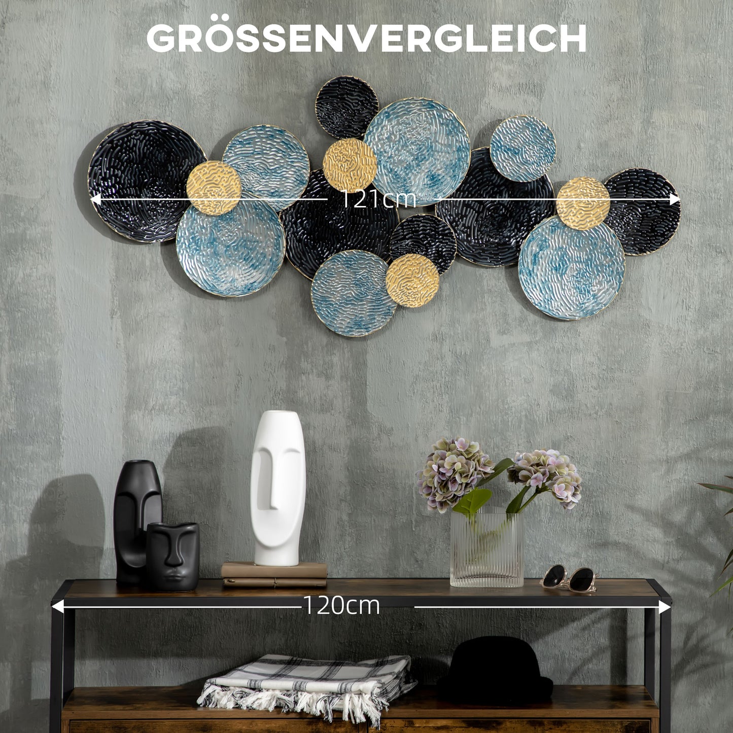 HOMCOM 3D-Wanddekoration mit Kreisen 121 cm x 4 cm x 53 cm Metall Blau + Schwarz