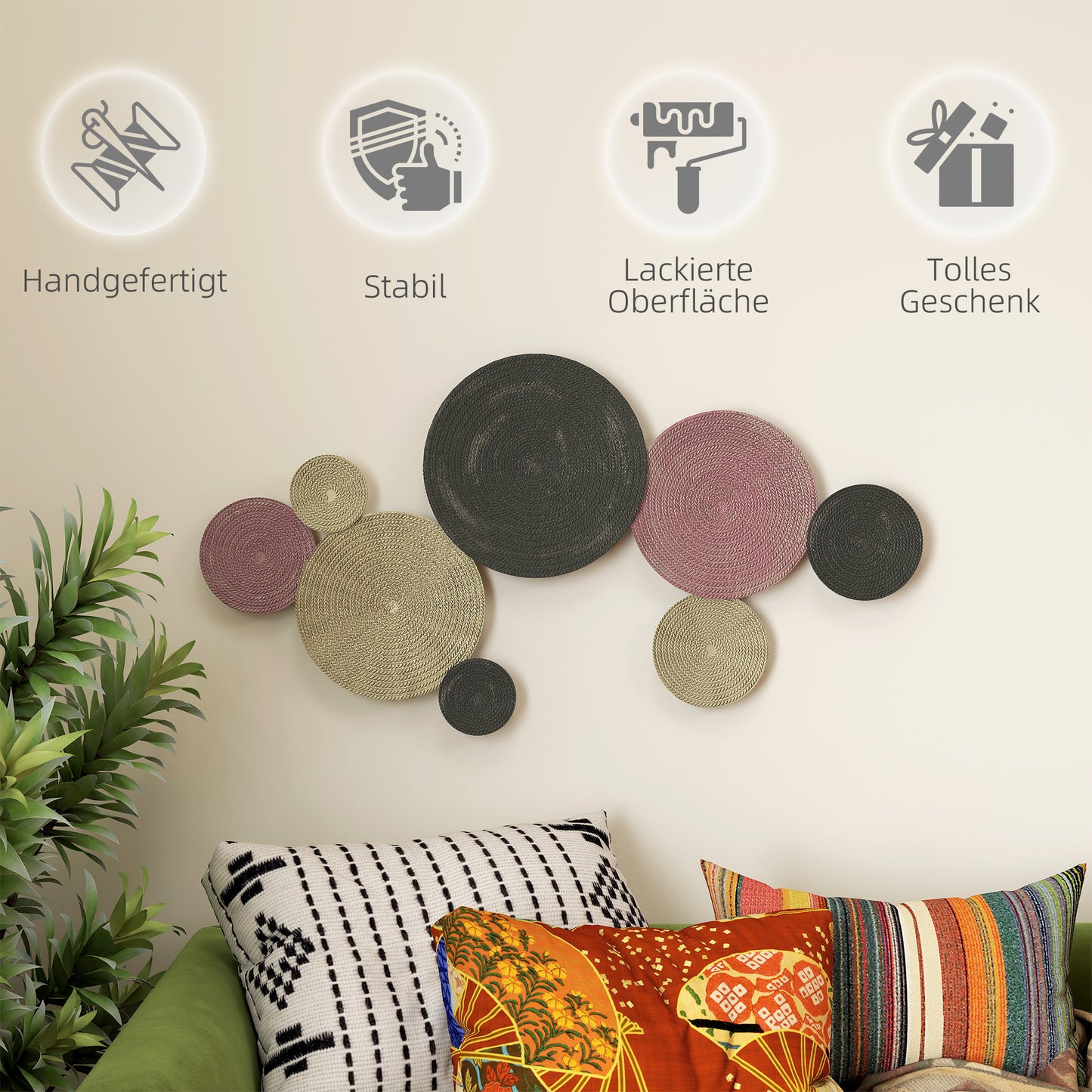 HOMCOM Wanddekor-Set im Disk-Design, 8 Metallscheiben, vielseitig einsetzbar, Mehrfarbig